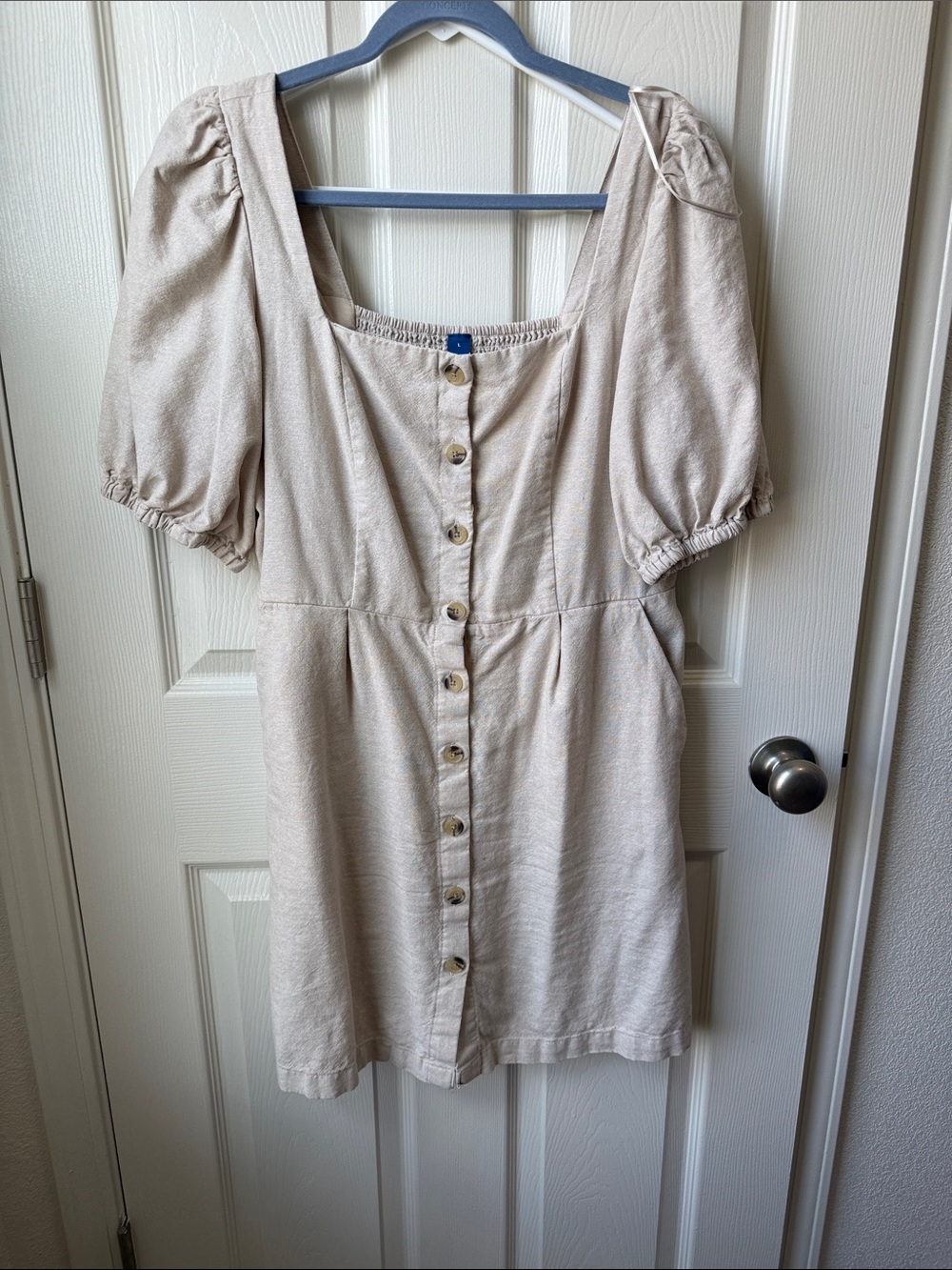 Old Navy Linen Button-Front Puff Sleeve Mini Dress in Light Beige